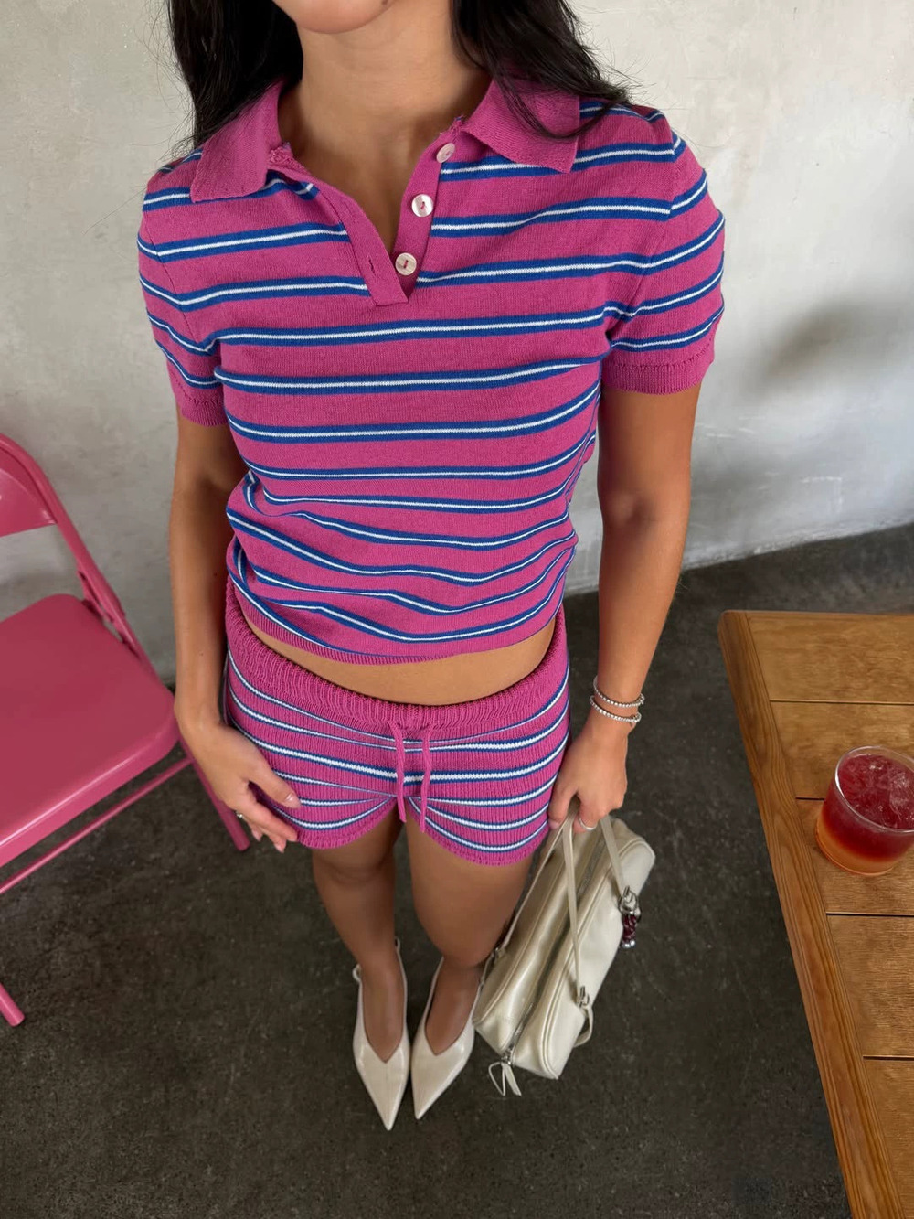Zara Striped Knit Set Summer Short Sleeve Top High Waist Shorts 2-Piece